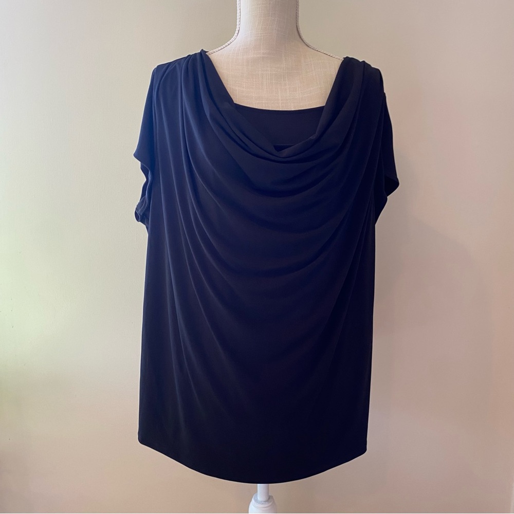Short sleeve scoop/ cowl neck blouse in black